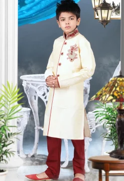 Embroidered Art Silk Kurta Pyjama Sets in Cream