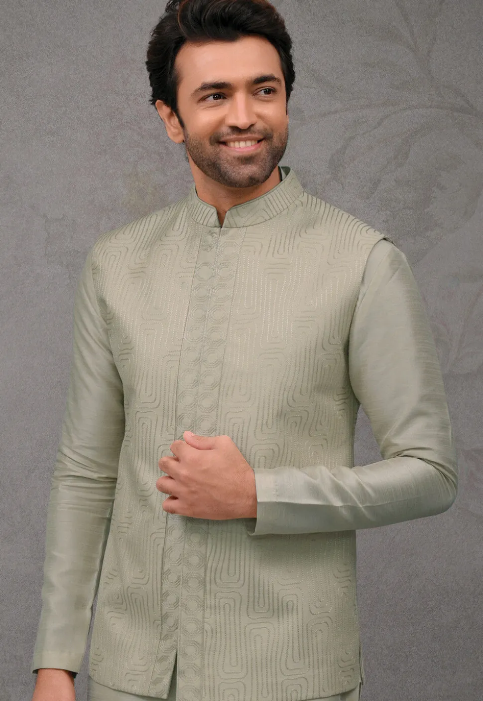 Embroidered Art Silk Kurta Set in Dusty Green