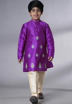 Embroidered Art Silk Kurta Set in Dark Magenta