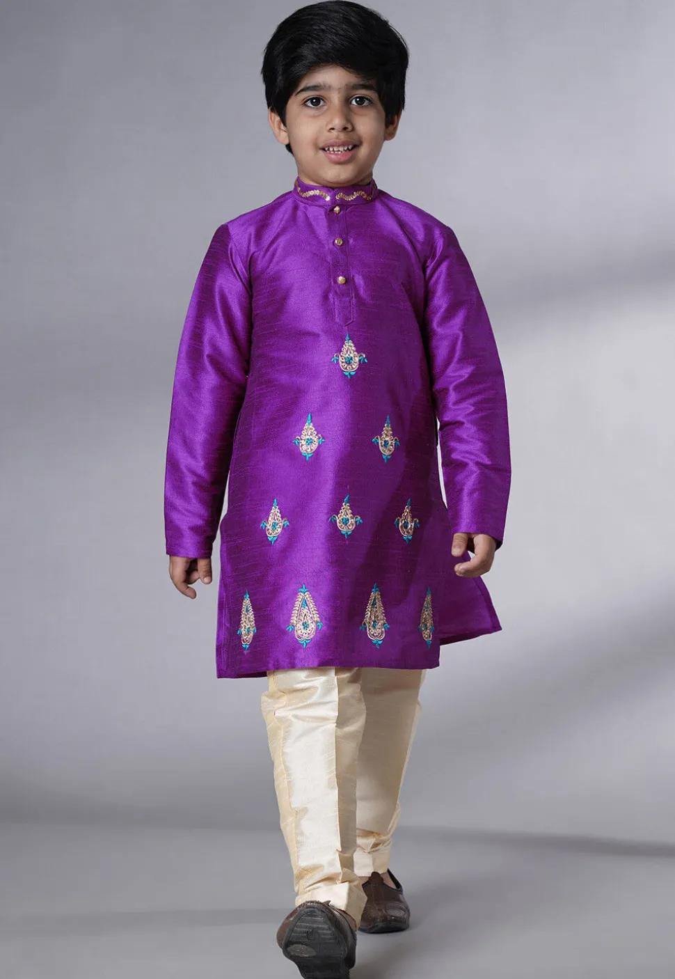 Embroidered Art Silk Kurta Set in Dark Magenta