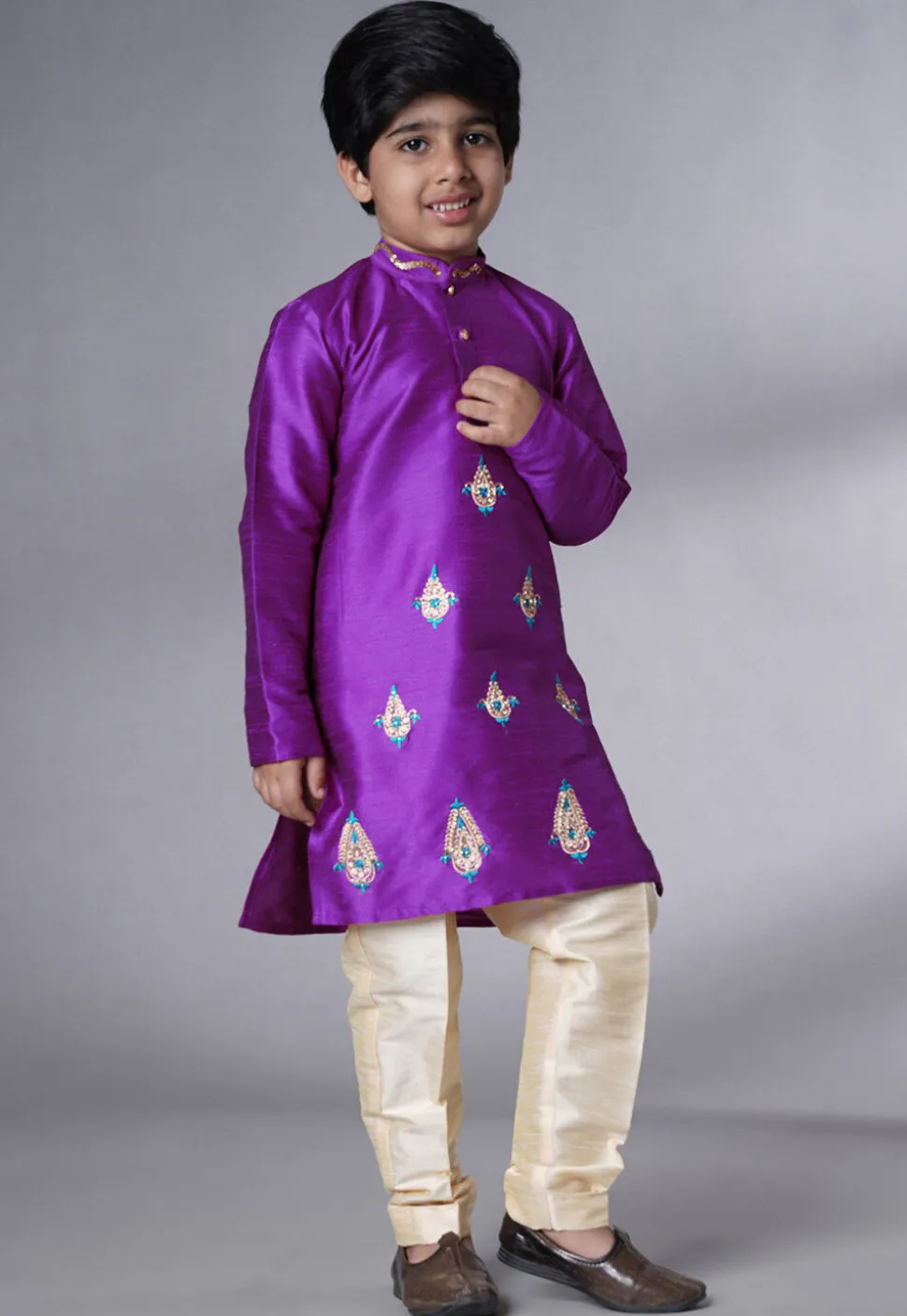 Embroidered Art Silk Kurta Set in Dark Magenta