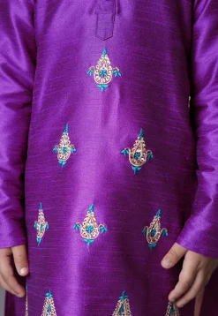 Embroidered Art Silk Kurta Set in Dark Magenta