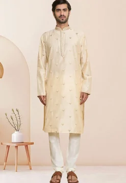 Embroidered Art Silk Kurta Set in Light Beige