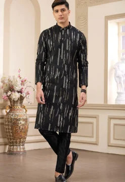 Embroidered Art Silk Kurta Set in Black