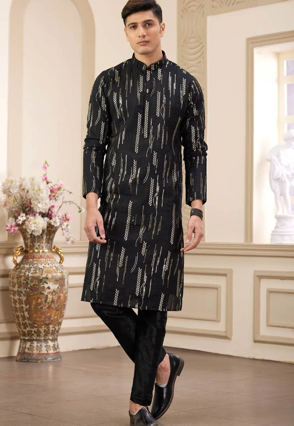 Embroidered Art Silk Kurta Set in Black