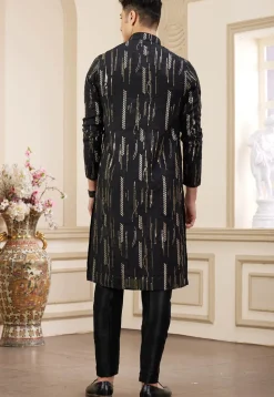 Embroidered Art Silk Kurta Set in Black