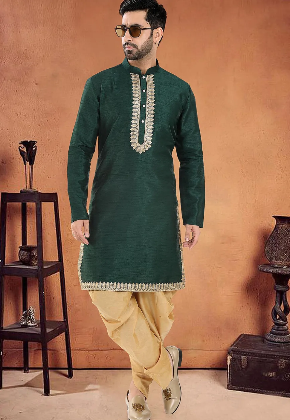 Embroidered Art Silk Kurta Set in Dark Green