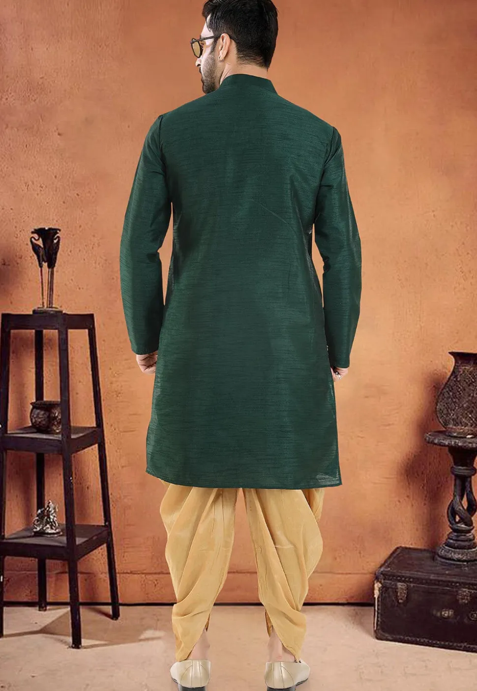 Embroidered Art Silk Kurta Set in Dark Green