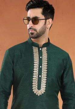 Embroidered Art Silk Kurta Set in Dark Green