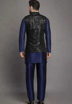 Embroidered Art Silk Kurta Jacket Set in Navy Blue and Black