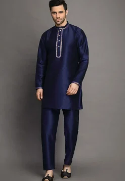 Embroidered Art Silk Kurta Jacket Set in Navy Blue and Black