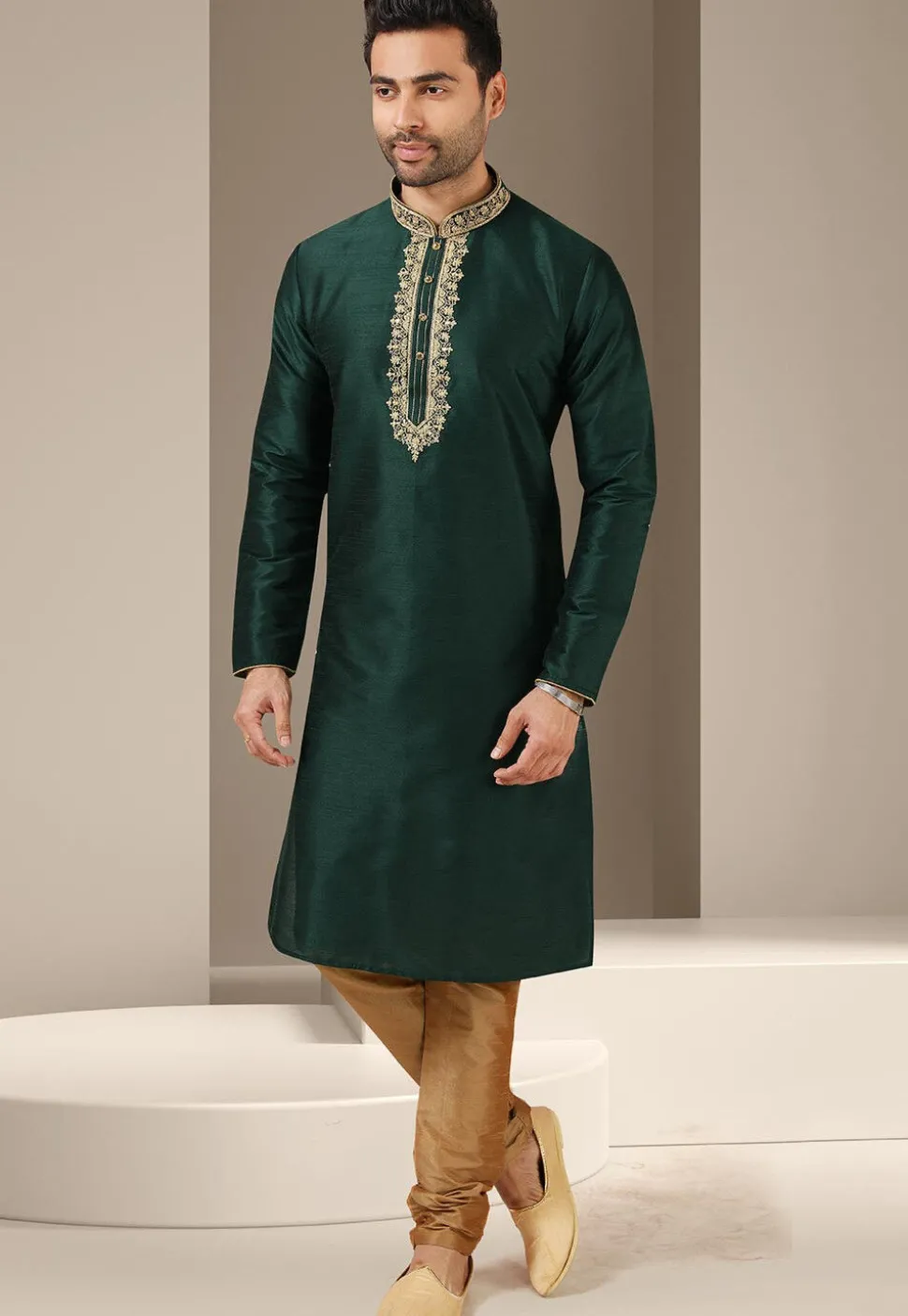 Embroidered Art Silk Kurta in Dark Green