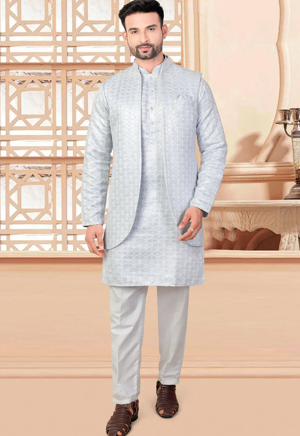 Embroidered Art Silk Kurta Set in Light Blue