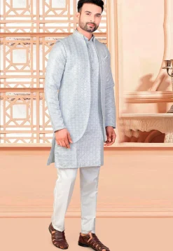 Embroidered Art Silk Kurta Set in Light Blue
