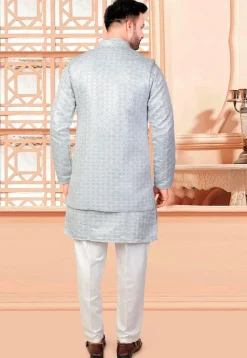 Embroidered Art Silk Kurta Set in Light Blue