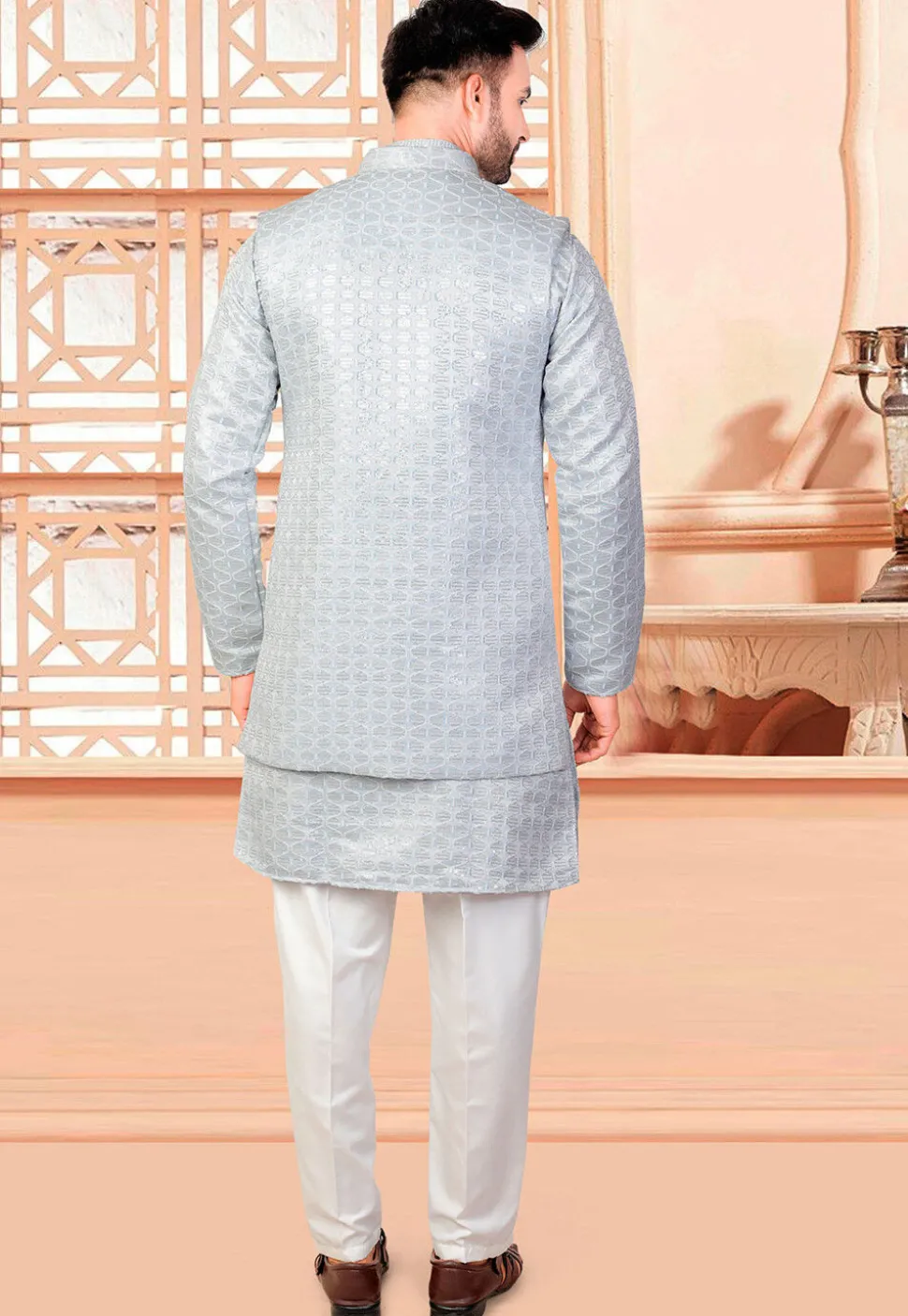 Embroidered Art Silk Kurta Set in Light Blue