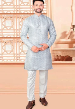 Embroidered Art Silk Kurta Set in Light Blue