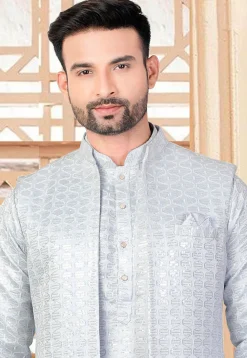 Embroidered Art Silk Kurta Set in Light Blue