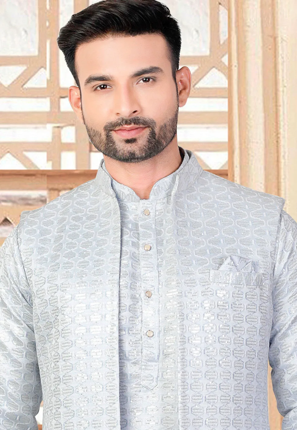 Embroidered Art Silk Kurta Set in Light Blue