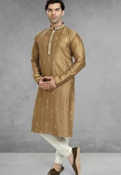 Embroidered Art Silk Kurta Set in Beige