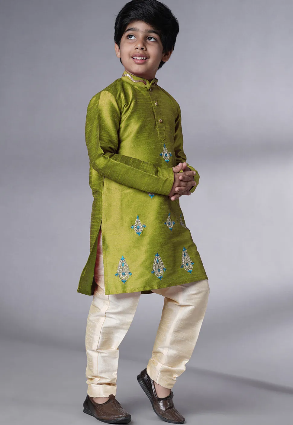 Embroidered Art Silk Kurta Set in Olive Green