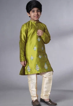 Embroidered Art Silk Kurta Set in Olive Green