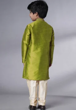 Embroidered Art Silk Kurta Set in Olive Green