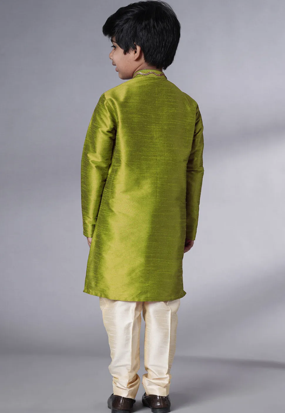 Embroidered Art Silk Kurta Set in Olive Green