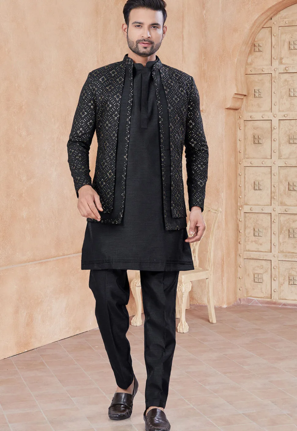 Embroidered Art Silk Kurta Set in Black