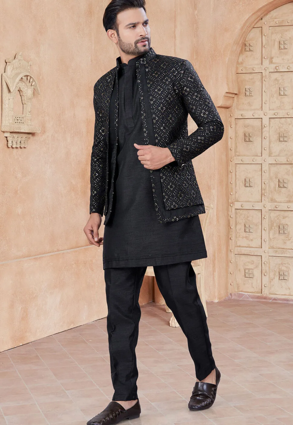 Embroidered Art Silk Kurta Set in Black