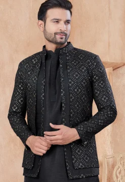 Embroidered Art Silk Kurta Set in Black