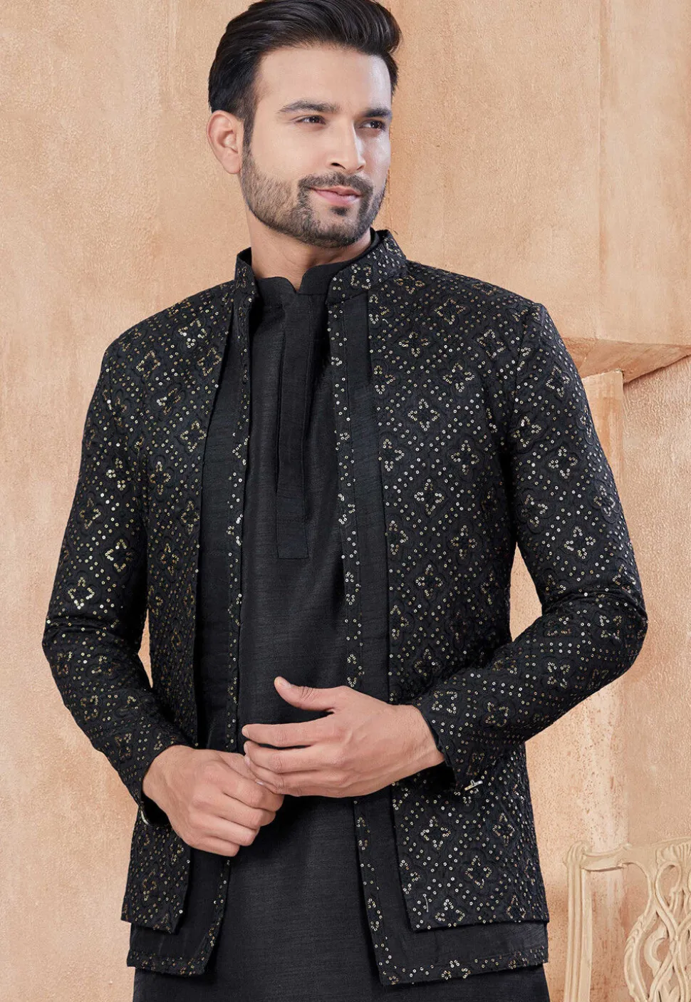 Embroidered Art Silk Kurta Set in Black
