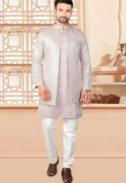 Embroidered Art Silk Kurta Set in Peach