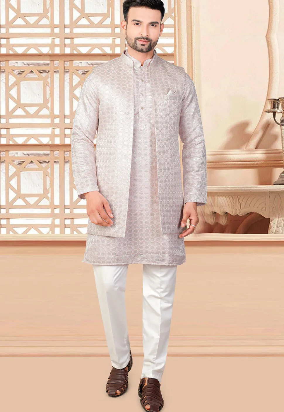 Embroidered Art Silk Kurta Set in Peach