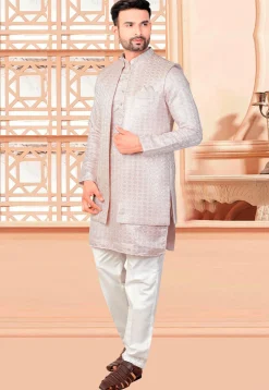 Embroidered Art Silk Kurta Set in Peach