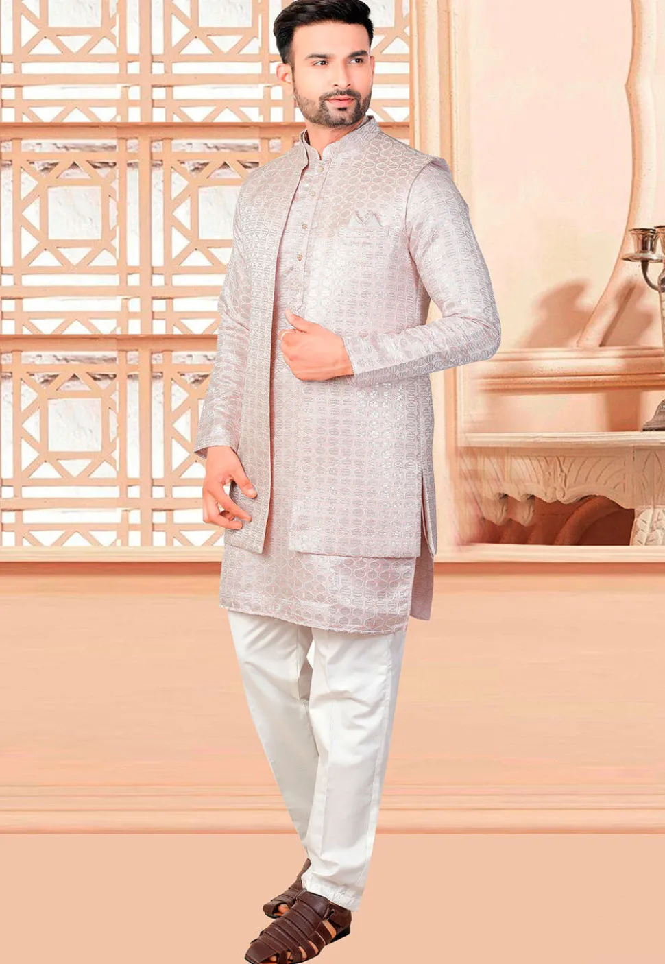 Embroidered Art Silk Kurta Set in Peach