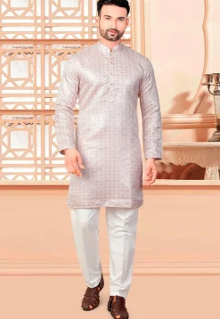 Embroidered Art Silk Kurta Set in Peach