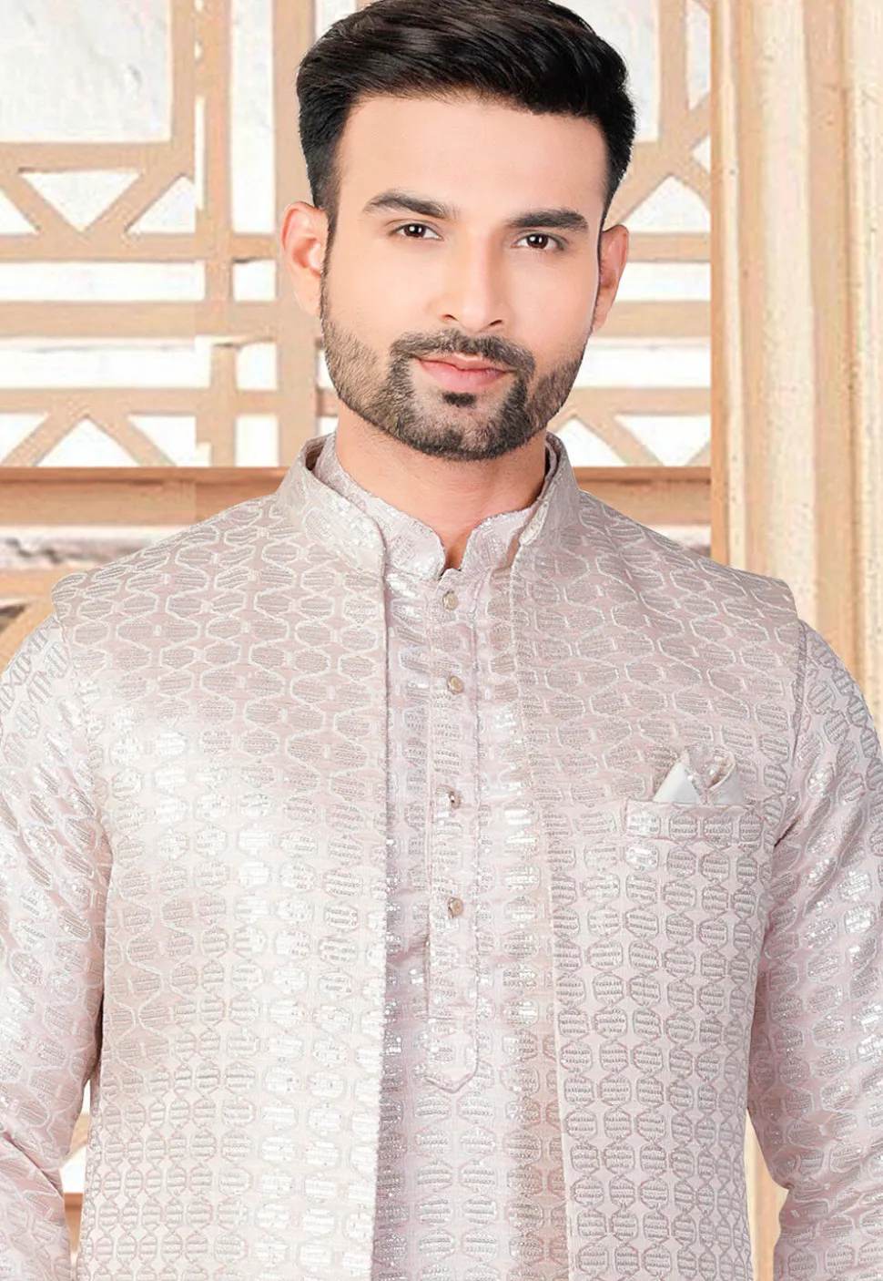 Embroidered Art Silk Kurta Set in Peach