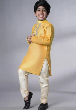 Embroidered Art Silk Kurta Set in Yellow