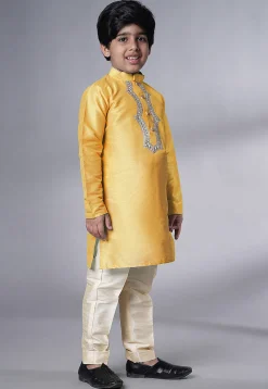 Embroidered Art Silk Kurta Set in Yellow