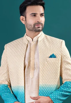 Embroidered Art Silk Kurta Set in Beige