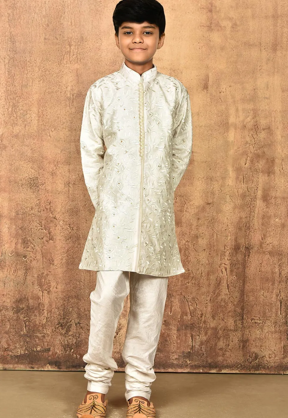 Embroidered Art Silk Kurta in Off White