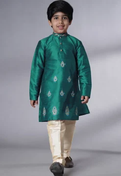 Embroidered Art Silk Kurta Set in Teal Green