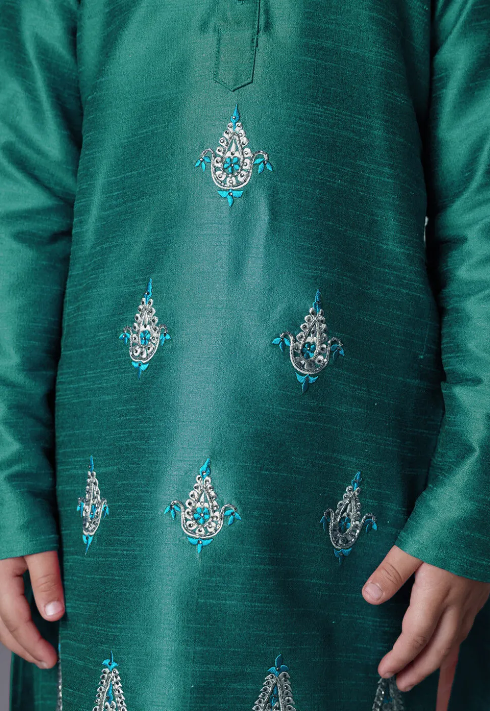 Embroidered Art Silk Kurta Set in Teal Green