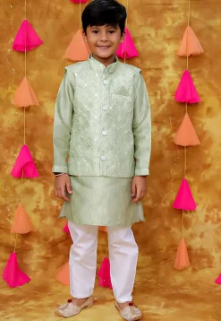 Embroidered Art Silk Kurta Set in Pastel Green