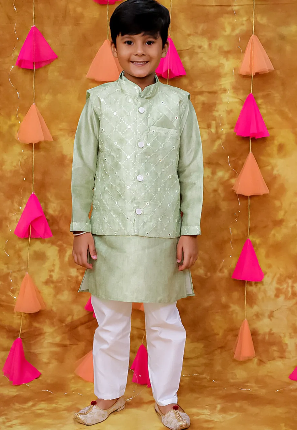 Embroidered Art Silk Kurta Set in Pastel Green