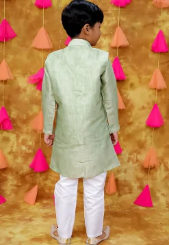 Embroidered Art Silk Kurta Set in Pastel Green