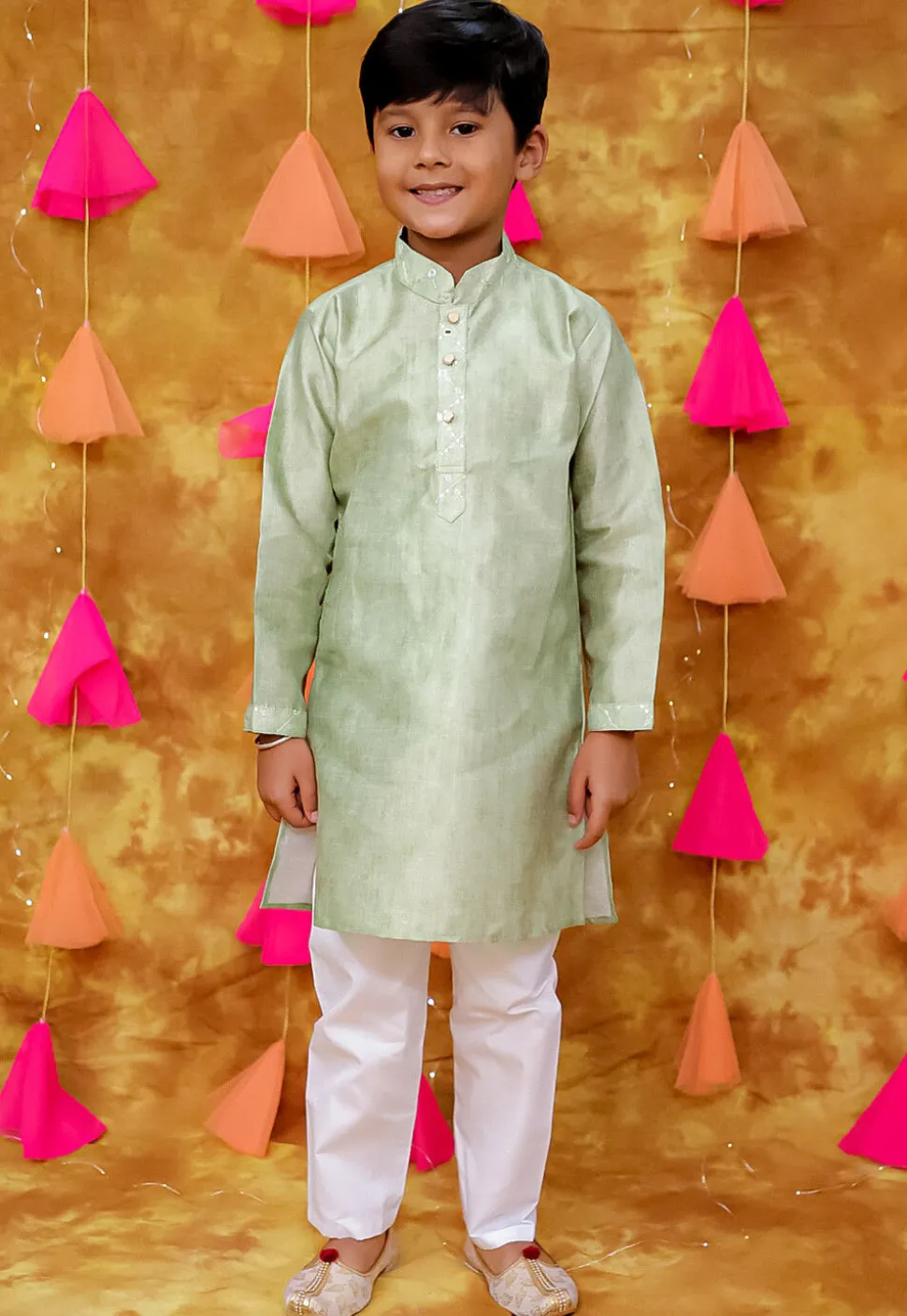 Embroidered Art Silk Kurta Set in Pastel Green