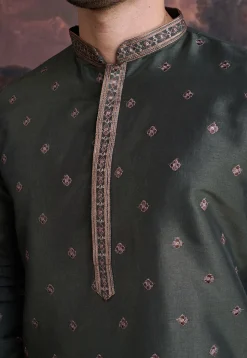 Embroidered Art Silk Kurta Set in Dark Olive Green