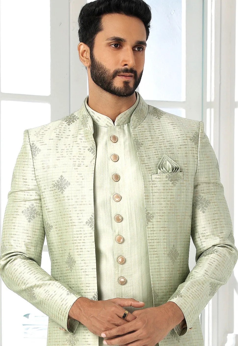 Embroidered Art Silk Kurta Jacket Set in Light Green